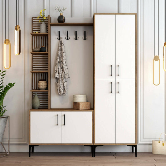 Mobile da ingresso Vivian, Entratina appendiabiti, Composizione per atrio, Consolle portaoggetti multifunzione, 150x200 h35 cm, Noce e Bianco