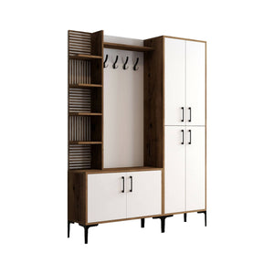 Mobile da ingresso Vivian, Entratina appendiabiti, Composizione per atrio, Consolle portaoggetti multifunzione, 150x200 h35 cm, Noce e Bianco