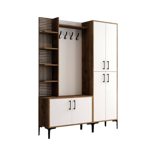 Mobile da ingresso Vivian, Entratina appendiabiti, Composizione per atrio, Consolle portaoggetti multifunzione, 150x200 h35 cm, Noce e Bianco