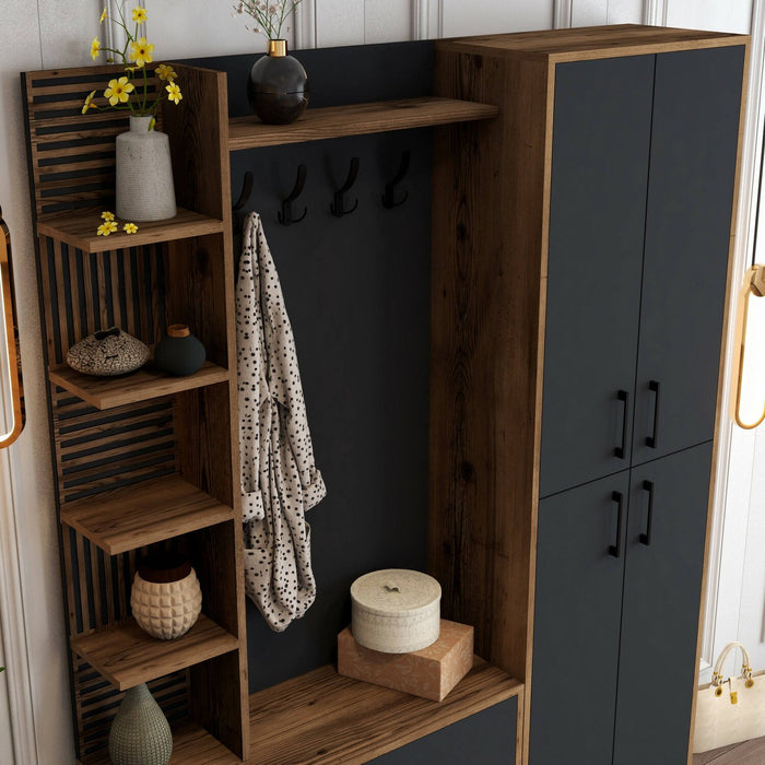 Mobile da ingresso Vivian, Entratina appendiabiti, Composizione per atrio, Consolle portaoggetti multifunzione, 150x35 h200 cm, Noce e Antracite