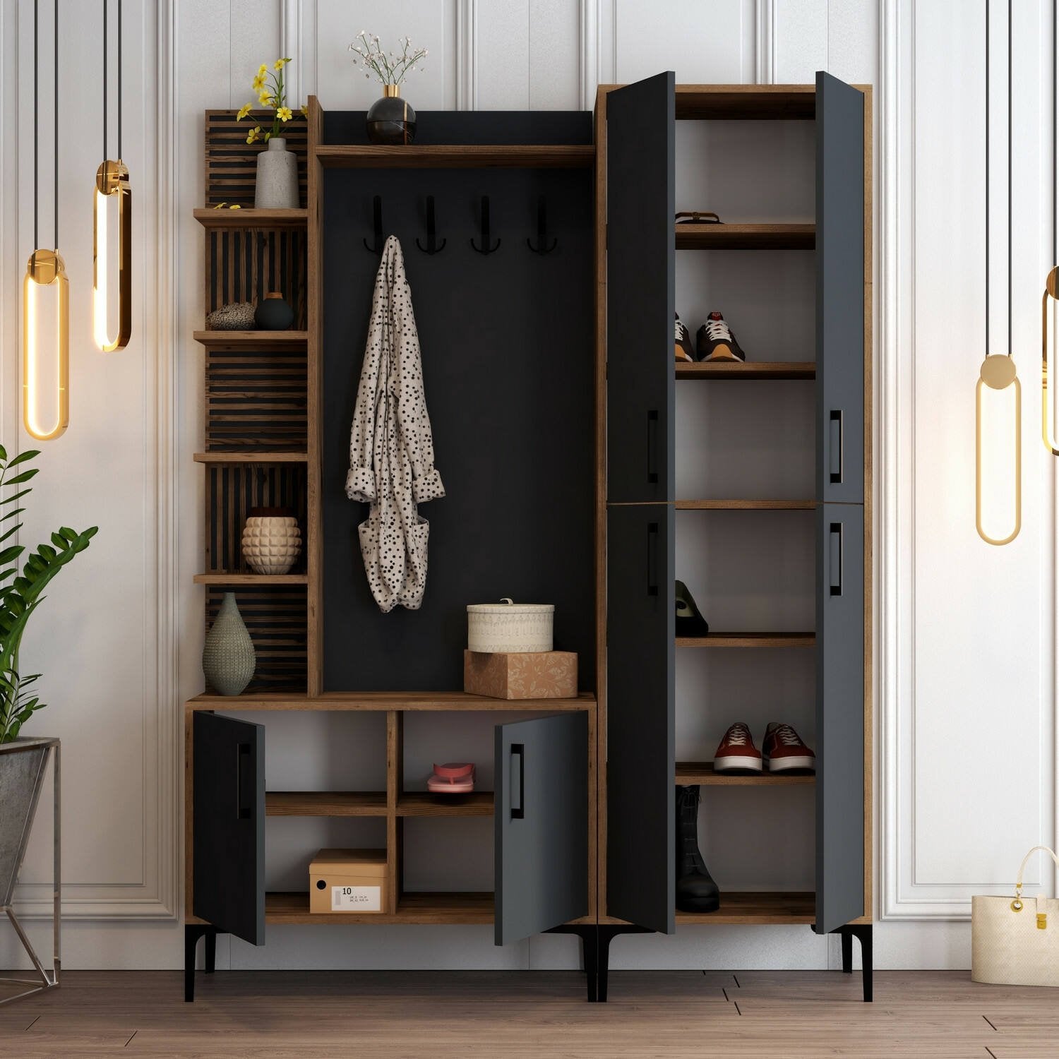 Mobile da ingresso Vivian, Entratina appendiabiti, Composizione per atrio, Consolle portaoggetti multifunzione, 150x35 h200 cm, Noce e Antracite