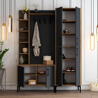 Mobile da ingresso Vivian, Entratina appendiabiti, Composizione per atrio, Consolle portaoggetti multifunzione, 150x35 h200 cm, Noce e Antracite