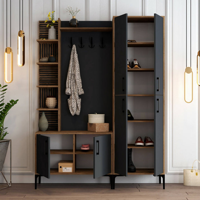 Mobile da ingresso Vivian, Entratina appendiabiti, Composizione per atrio, Consolle portaoggetti multifunzione, 150x35 h200 cm, Noce e Antracite