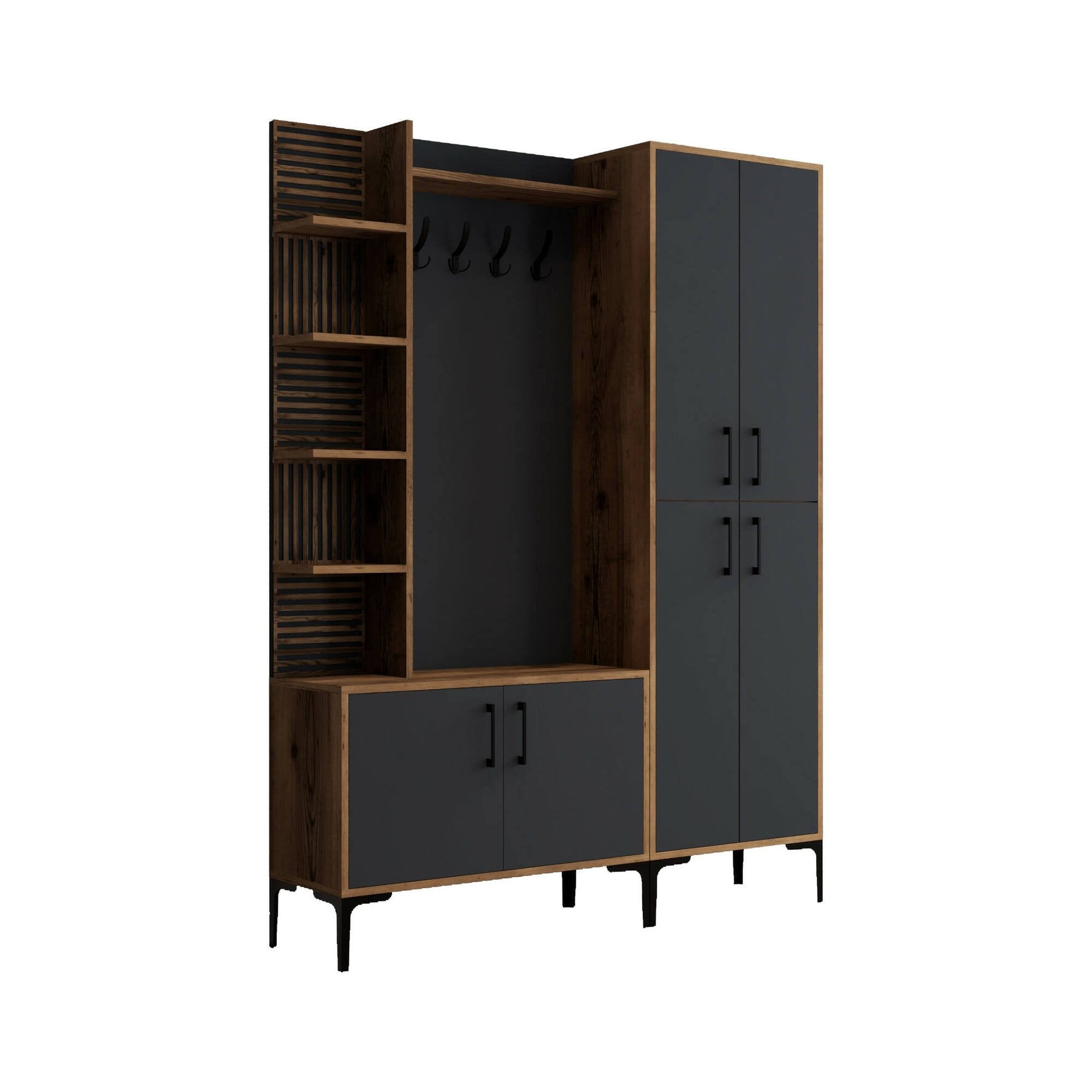 Mobile da ingresso Vivian, Entratina appendiabiti, Composizione per atrio, Consolle portaoggetti multifunzione, 150x35 h200 cm, Noce e Antracite