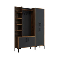 Mobile da ingresso Vivian, Entratina appendiabiti, Composizione per atrio, Consolle portaoggetti multifunzione, 150x35 h200 cm, Noce e Antracite