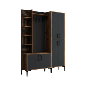 Mobile da ingresso Vivian, Entratina appendiabiti, Composizione per atrio, Consolle portaoggetti multifunzione, 150x35 h200 cm, Noce e Antracite