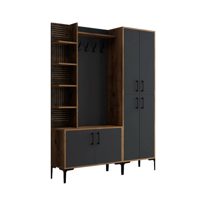 Mobile da ingresso Vivian, Entratina appendiabiti, Composizione per atrio, Consolle portaoggetti multifunzione, 150x35 h200 cm, Noce e Antracite