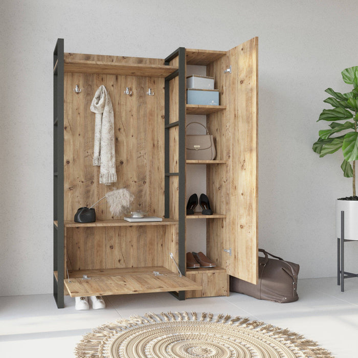 Mobile da ingresso Damasco, Entratina appendiabiti, Composizione per atrio, Consolle portaoggetti multifunzione, 126x34 h180 cm, Quercia