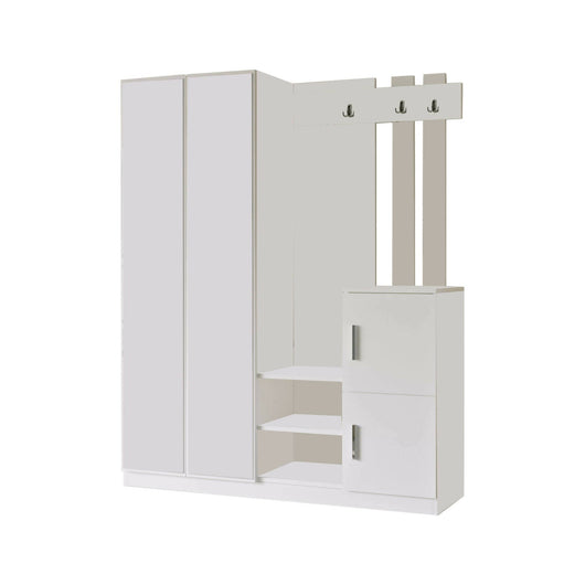 Mobile da ingresso Hene, Entratina appendiabiti, Composizione per atrio, Consolle portaoggetti multifunzione, 147x38 h180 cm, Bianco