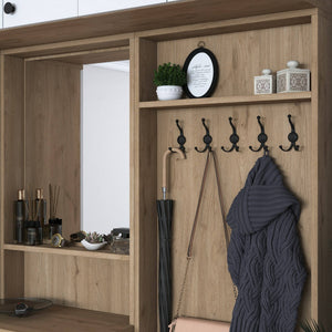 Mobile da ingresso Adonis, Entratina appendiabiti, Composizione per atrio, Consolle portaoggetti multifunzione, 180x38 h226 cm, Noce e Bianco