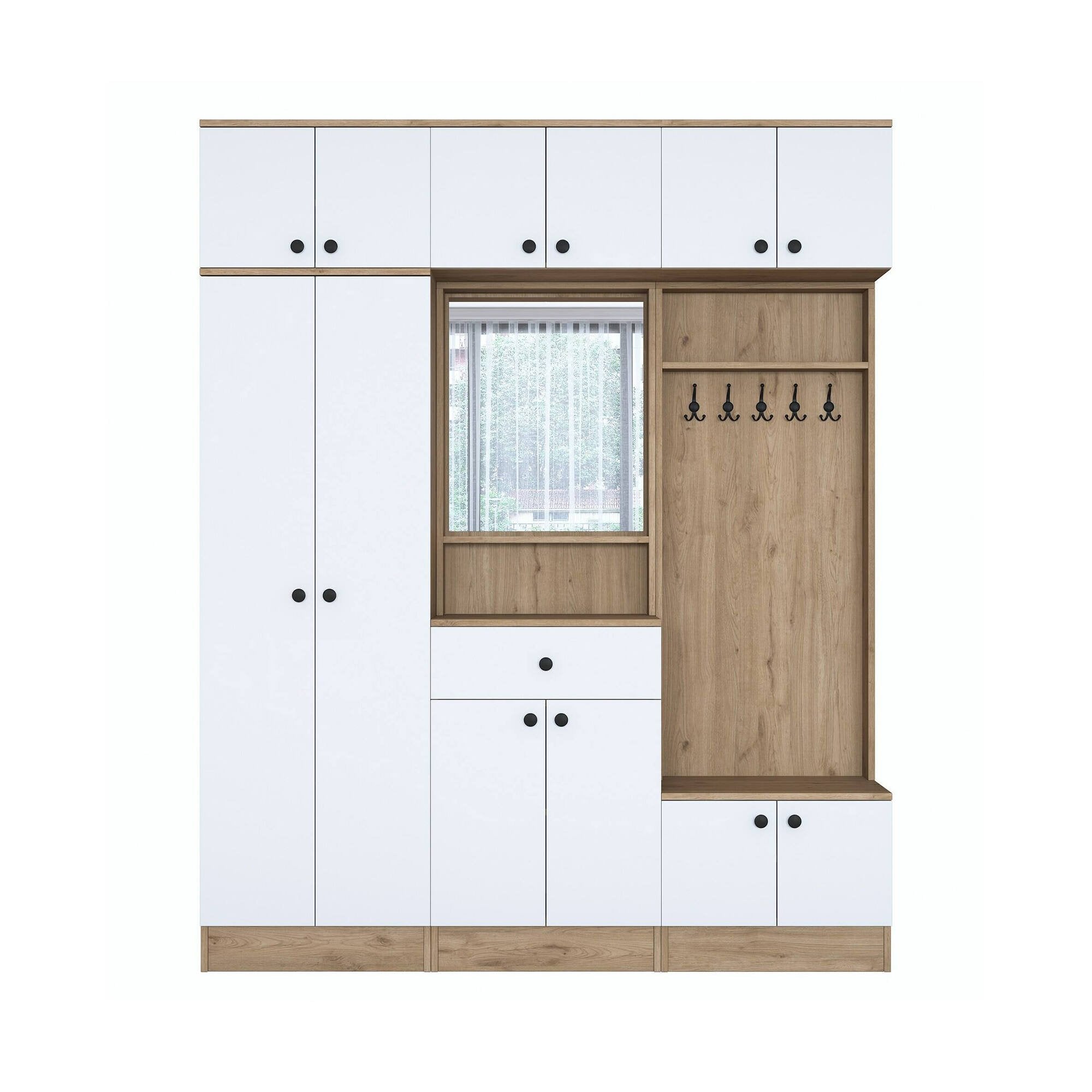 Mobile da ingresso Adonis, Entratina appendiabiti, Composizione per atrio, Consolle portaoggetti multifunzione, 180x38 h226 cm, Noce e Bianco