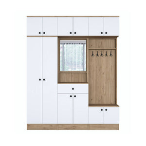 Mobile da ingresso Adonis, Entratina appendiabiti, Composizione per atrio, Consolle portaoggetti multifunzione, 180x38 h226 cm, Noce e Bianco