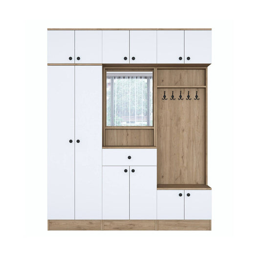 Mobile da ingresso Adonis, Entratina appendiabiti, Composizione per atrio, Consolle portaoggetti multifunzione, 180x38 h226 cm, Noce e Bianco