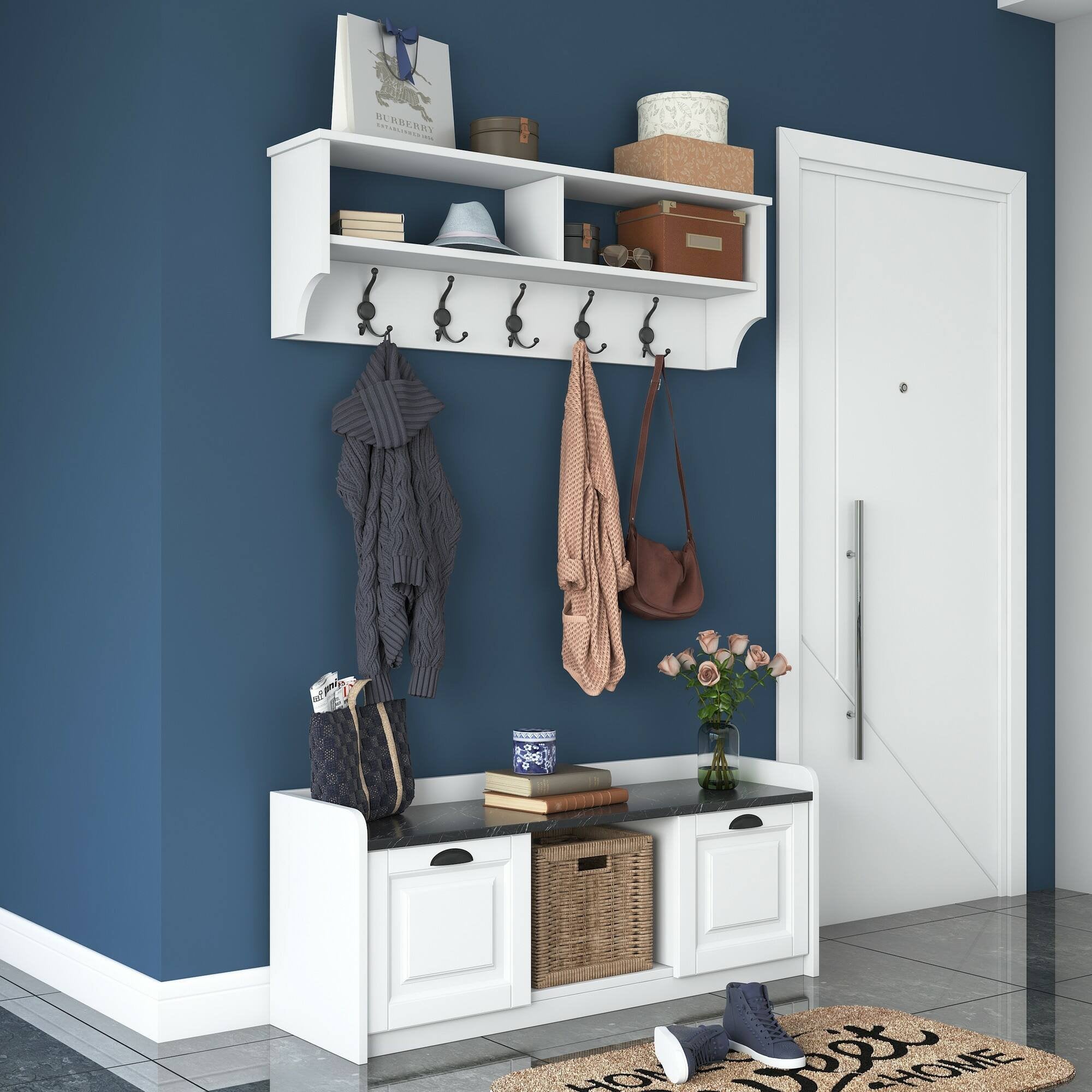 Mobile da ingresso Frank, Entratina appendiabiti, Composizione per atrio, Consolle portaoggetti multifunzione, 120x22 h37 cm, Bianco e Grigio