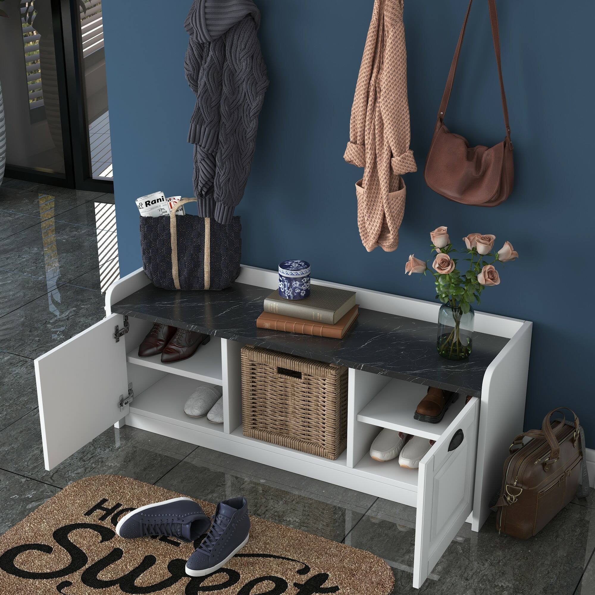 Mobile da ingresso Frank, Entratina appendiabiti, Composizione per atrio, Consolle portaoggetti multifunzione, 120x22 h37 cm, Bianco e Grigio