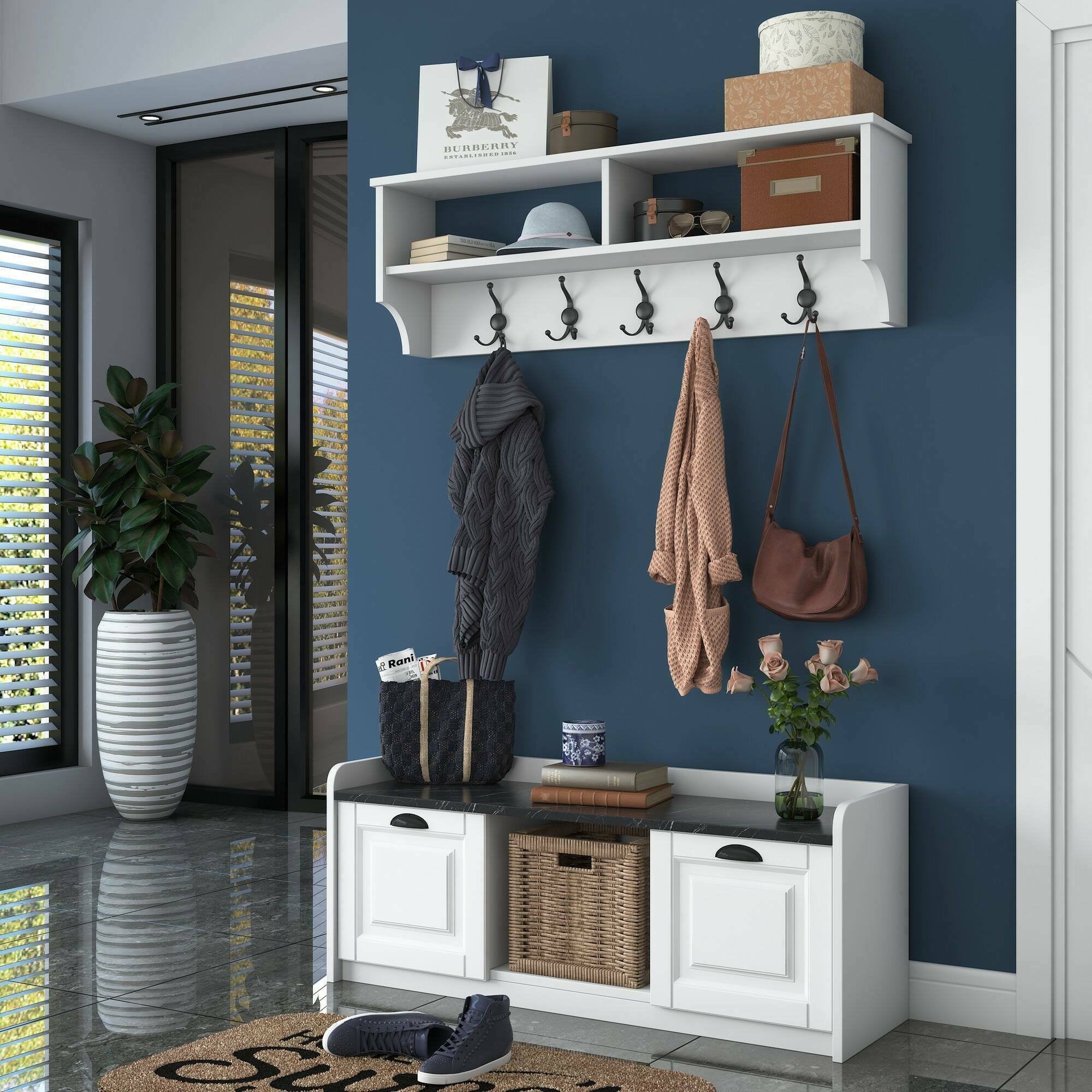 Mobile da ingresso Frank, Entratina appendiabiti, Composizione per atrio, Consolle portaoggetti multifunzione, 120x22 h37 cm, Bianco e Grigio