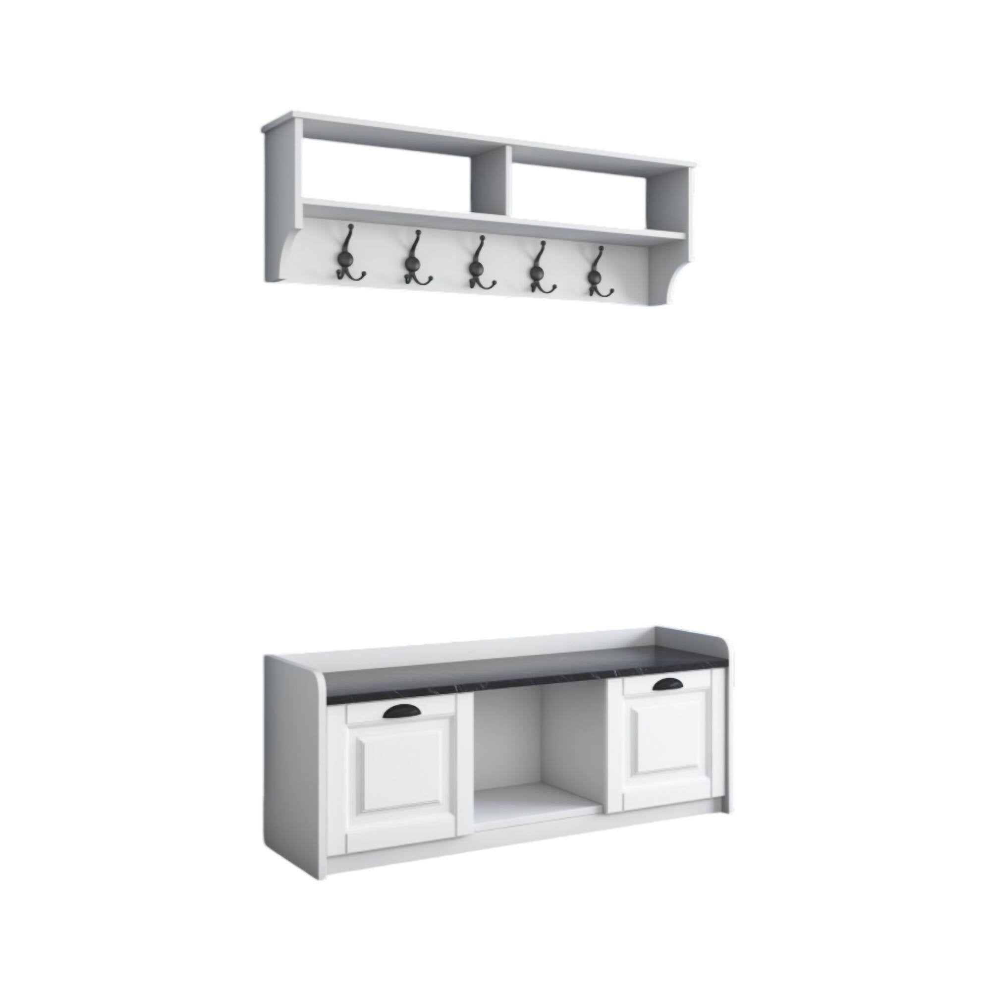 Mobile da ingresso Frank, Entratina appendiabiti, Composizione per atrio, Consolle portaoggetti multifunzione, 120x22 h37 cm, Bianco e Grigio