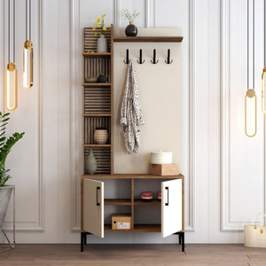 Mobile da ingresso Loredana, Entratina appendiabiti, Composizione per atrio, Consolle portaoggetti multifunzione, 90x35 h200 cm, Noce e Crema