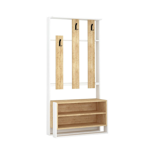 Mobile da ingresso Toraji, Entratina appendiabiti, Composizione per atrio, Consolle portaoggetti multifunzione, 90x36 h180 cm, Bianco e Quercia