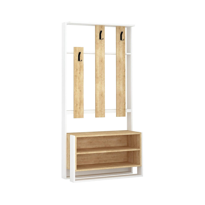 Mobile da ingresso Toraji, Entratina appendiabiti, Composizione per atrio, Consolle portaoggetti multifunzione, 90x36 h180 cm, Bianco e Quercia