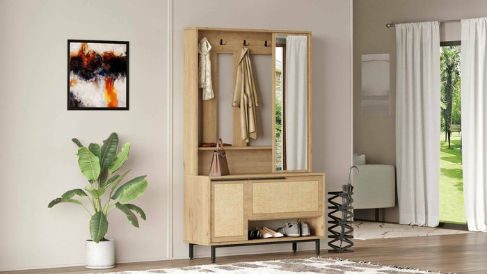 Mobile da ingresso Ljubljana, Entratina appendiabiti, Composizione per atrio, Consolle portaoggetti multifunzione, 102x36 h178 cm, Noce e Quercia