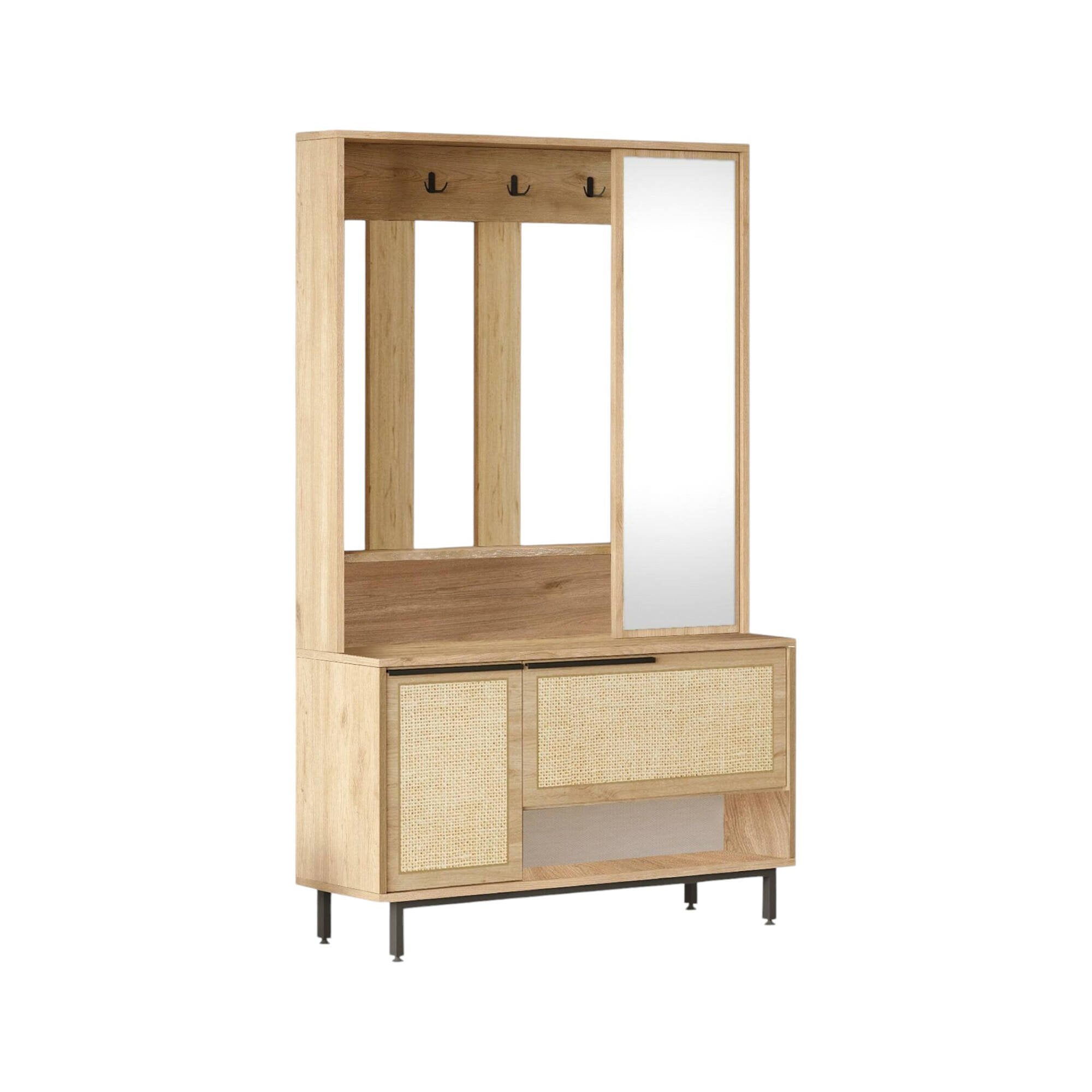 Mobile da ingresso Ljubljana, Entratina appendiabiti, Composizione per atrio, Consolle portaoggetti multifunzione, 102x36 h178 cm, Noce e Quercia