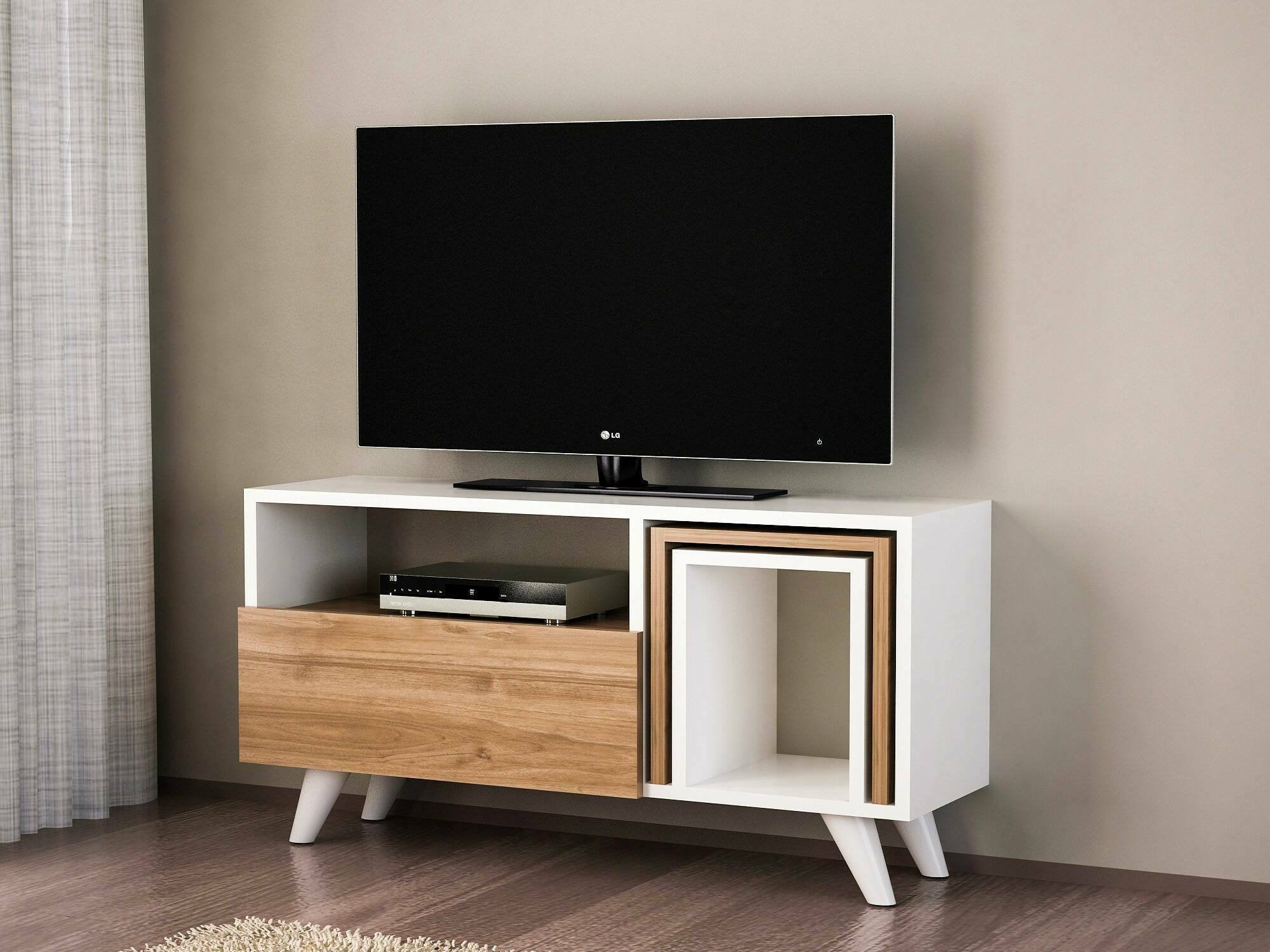 Mobile porta TV Barrali, Credenza da soggiorno, Armadio basso per TV, Base parete attrezzata, 90x30 h51 cm, Bianco e Noce