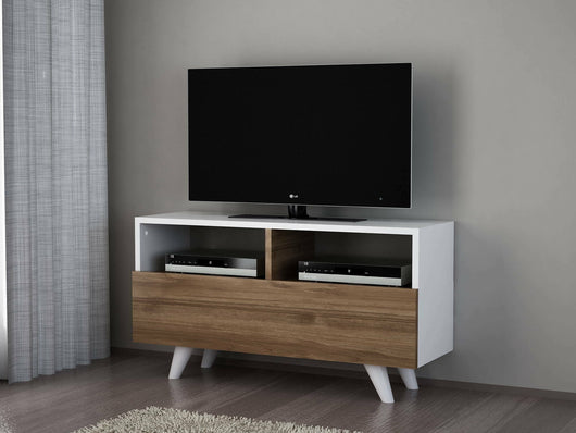 Mobile porta TV Mun, Credenza da soggiorno, Armadio basso per TV, Base parete attrezzata, 90x30 h51 cm, Bianco e Noce