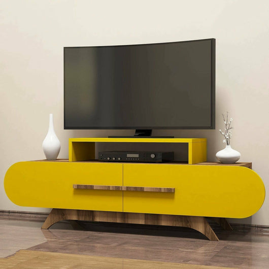 Mobile porta TV Nesatm, Credenza da soggiorno, Armadio basso per TV, Base parete attrezzata, 145x37 h50 cm, Noce e Giallo