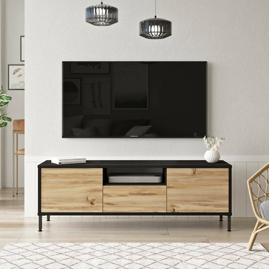 Mobile porta TV Khagan, Credenza da soggiorno, Armadio basso per TV, Base parete attrezzata, 140x36 h46 cm, Quercia e Nero