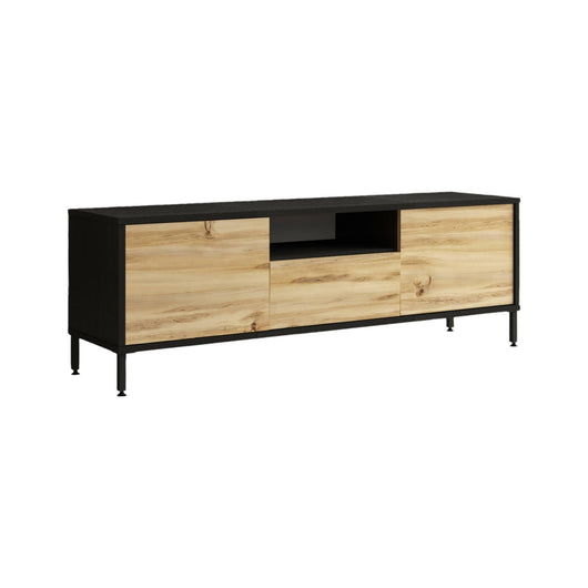 Mobile porta TV Khagan, Credenza da soggiorno, Armadio basso per TV, Base parete attrezzata, 140x36 h46 cm, Quercia e Nero