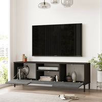 Mobile porta TV Khagan, Credenza da soggiorno, Armadio basso per TV, Base parete attrezzata, 140x36 h46 cm, Argento e Nero