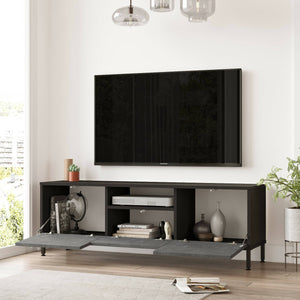 Mobile porta TV Khagan, Credenza da soggiorno, Armadio basso per TV, Base parete attrezzata, 140x36 h46 cm, Argento e Nero