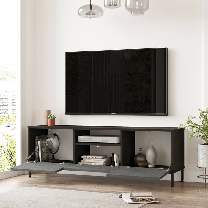 Mobile porta TV Khagan, Credenza da soggiorno, Armadio basso per TV, Base parete attrezzata, 140x36 h46 cm, Argento e Nero