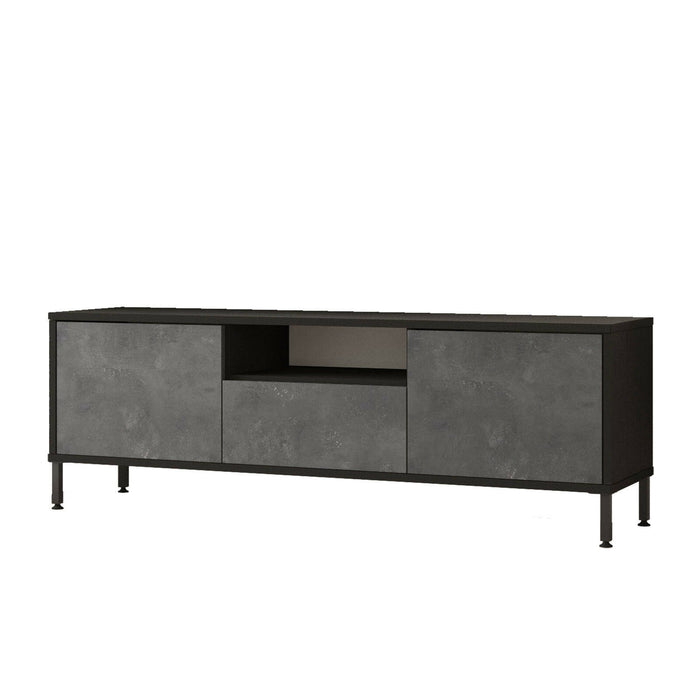 Mobile porta TV Khagan, Credenza da soggiorno, Armadio basso per TV, Base parete attrezzata, 140x36 h46 cm, Argento e Nero