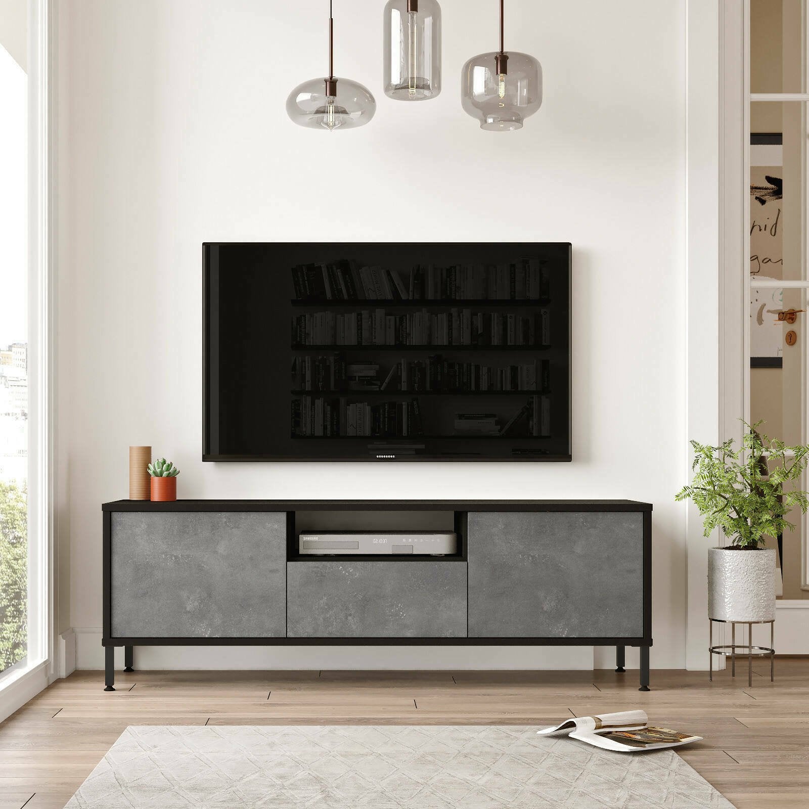 Mobile porta TV Khagan, Credenza da soggiorno, Armadio basso per TV, Base parete attrezzata, 140x36 h46 cm, Argento e Nero