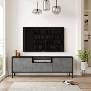 Mobile porta TV Khagan, Credenza da soggiorno, Armadio basso per TV, Base parete attrezzata, 140x36 h46 cm, Argento e Nero