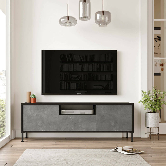 Mobile porta TV Khagan, Credenza da soggiorno, Armadio basso per TV, Base parete attrezzata, 140x36 h46 cm, Argento e Nero