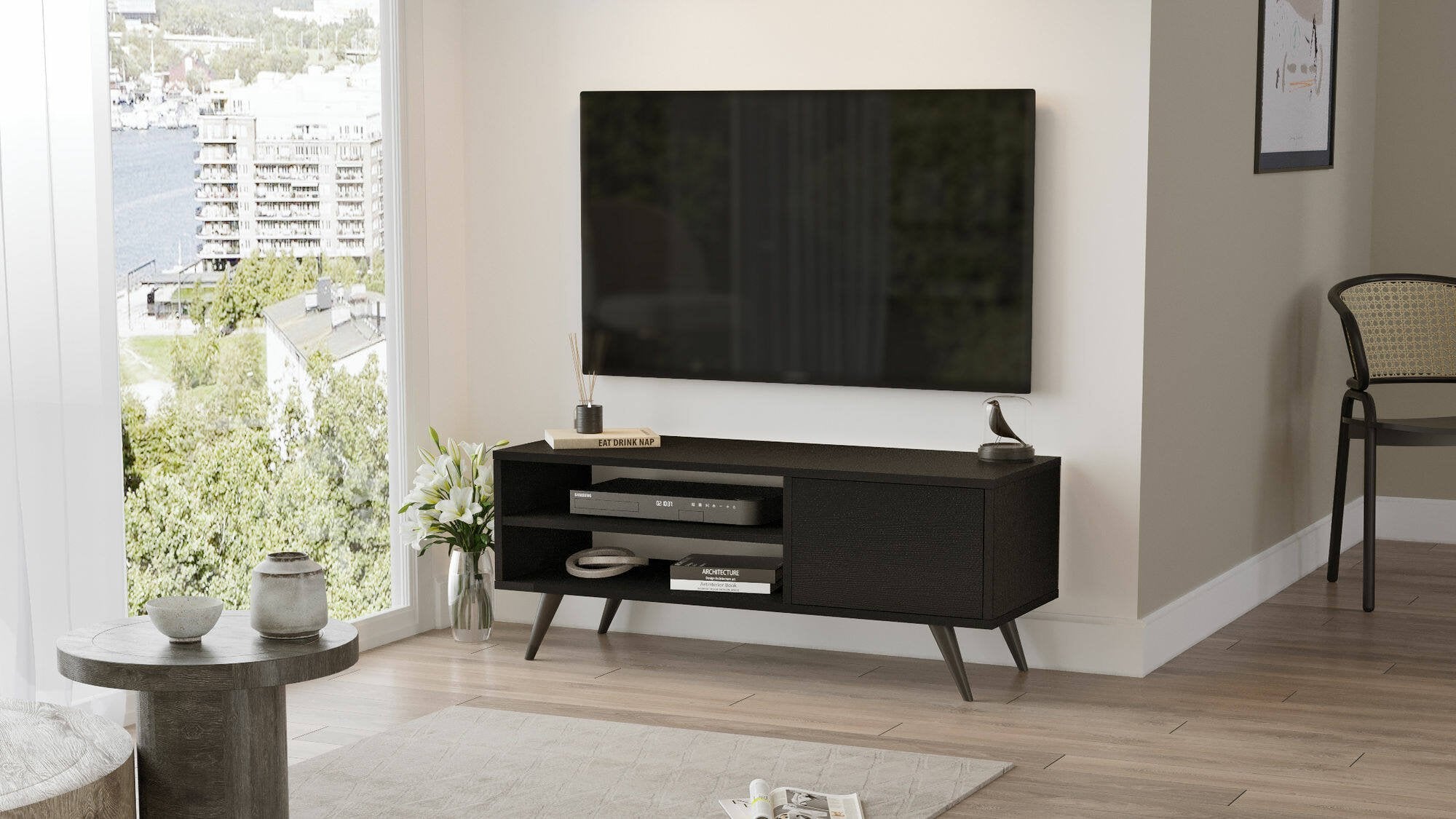 Mobile porta TV HuLanqi, Credenza da soggiorno, Armadio basso per TV, Base parete attrezzata, 110x40 h44 cm, Nero