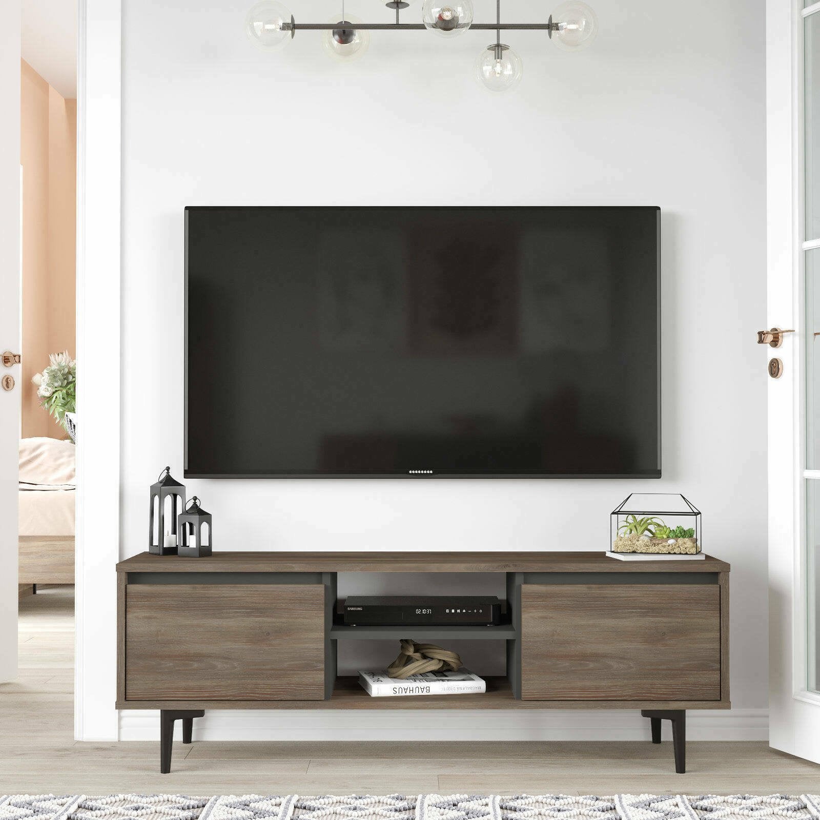 Mobile porta TV Toscana, Credenza da soggiorno, Armadio basso per TV, Base parete attrezzata, 140x36 h48 cm, Marrone e Antracite