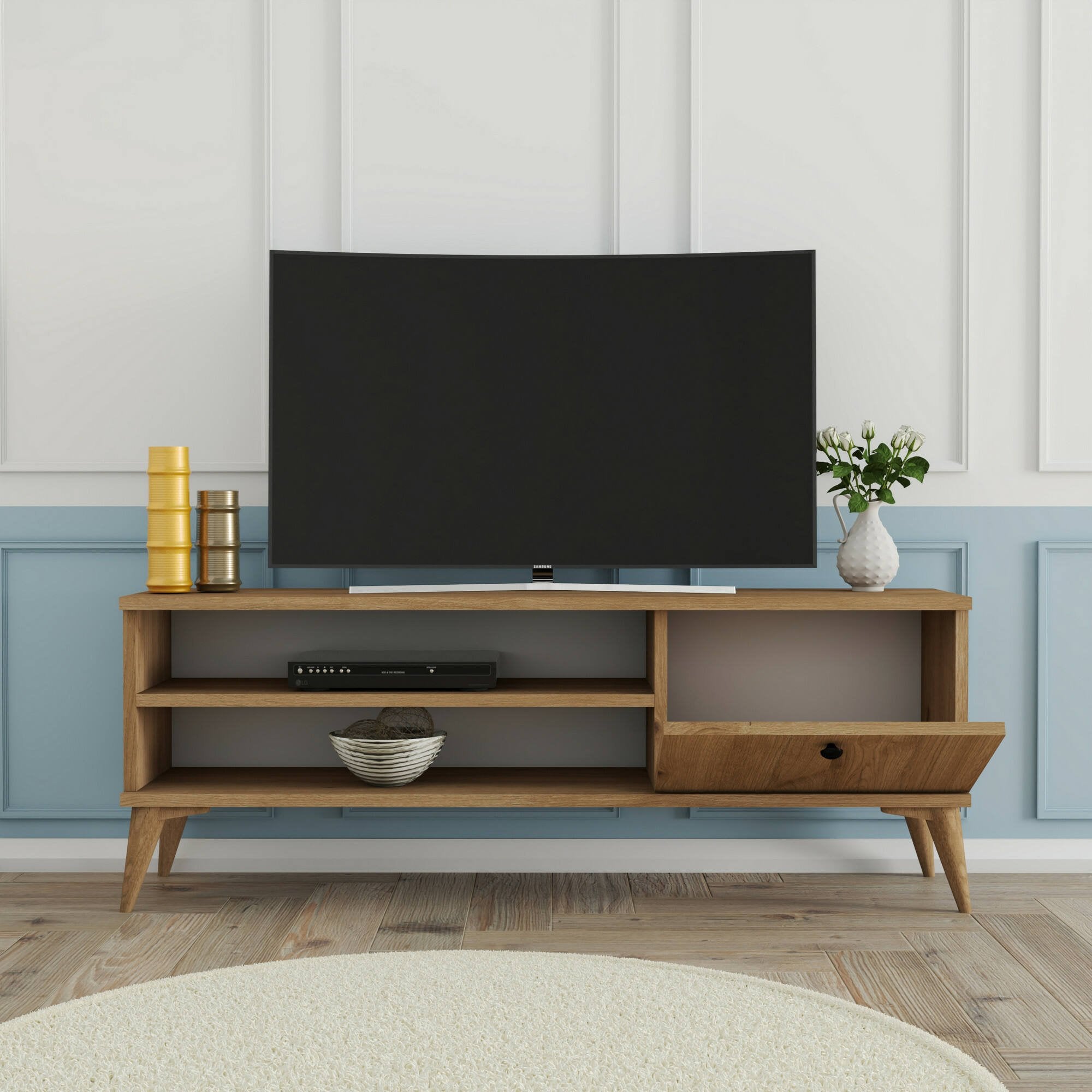 Mobile porta TV Muqdisho, Credenza da soggiorno, Armadio basso per TV, Base parete attrezzata, 120x30 h45 cm, Quercia