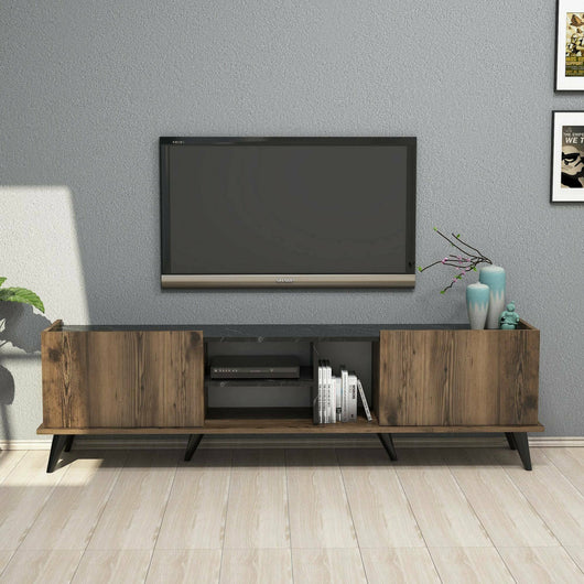 Mobile porta TV Paine, Credenza da soggiorno, Armadio basso per TV, Base parete attrezzata, 180x34 h52 cm, Noce e Nero