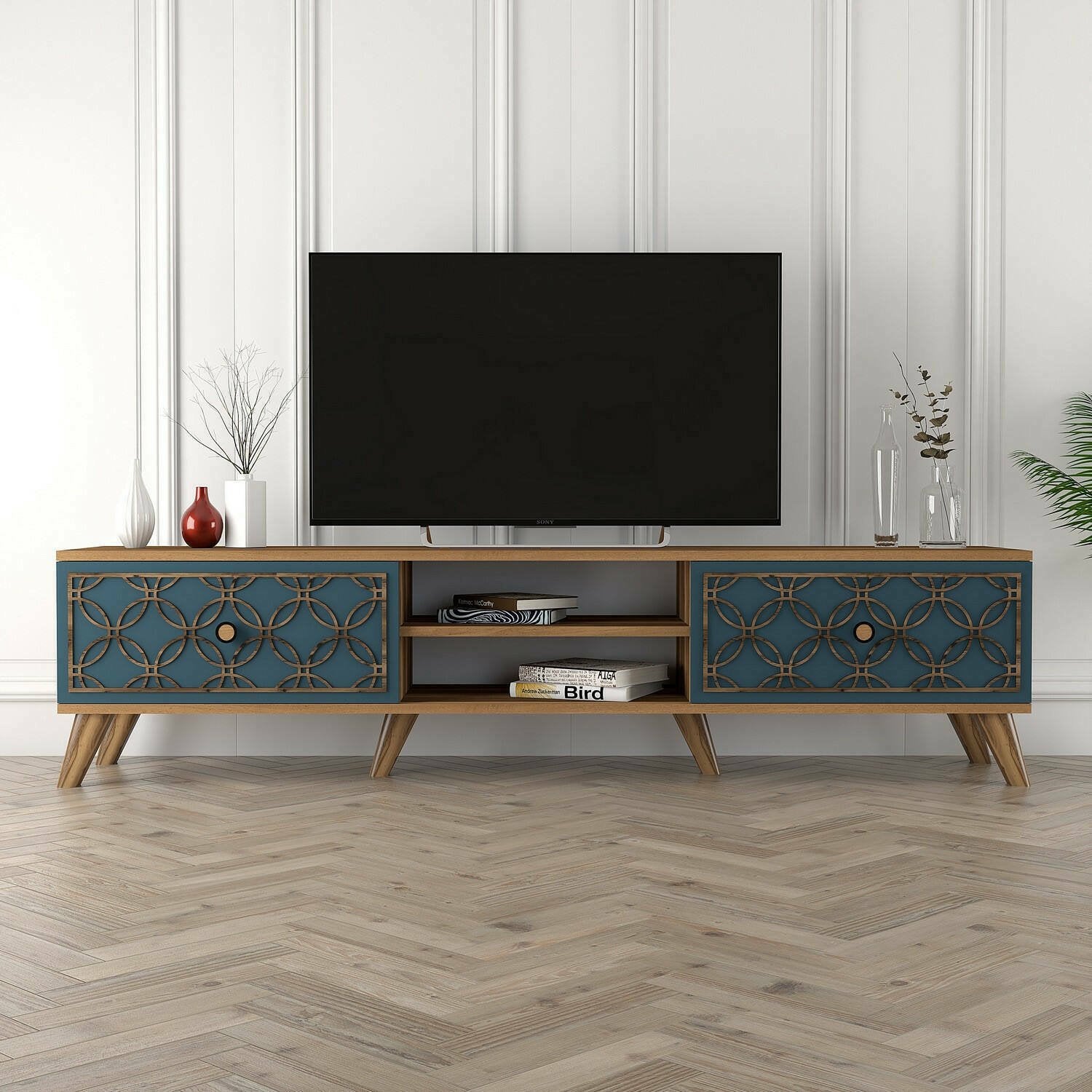 Mobile porta TV Albonese, Credenza da soggiorno, Armadio basso per TV, Base parete attrezzata, 180x35 h44 cm, Noce e Blu