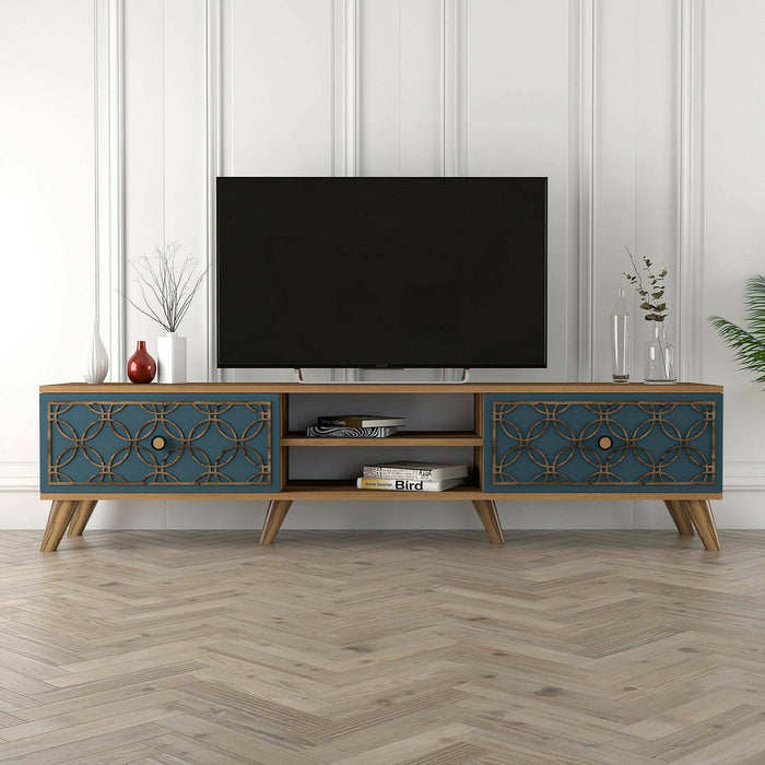 Mobile porta TV Albonese, Credenza da soggiorno, Armadio basso per TV, Base parete attrezzata, 180x35 h44 cm, Noce e Blu