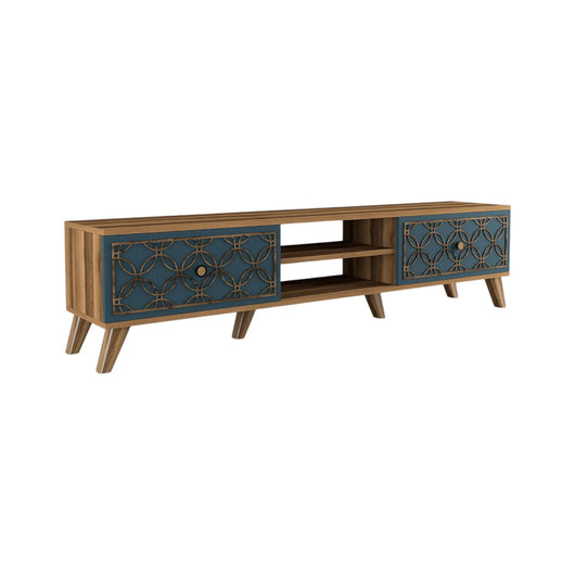 Mobile porta TV Albonese, Credenza da soggiorno, Armadio basso per TV, Base parete attrezzata, 180x35 h44 cm, Noce e Blu