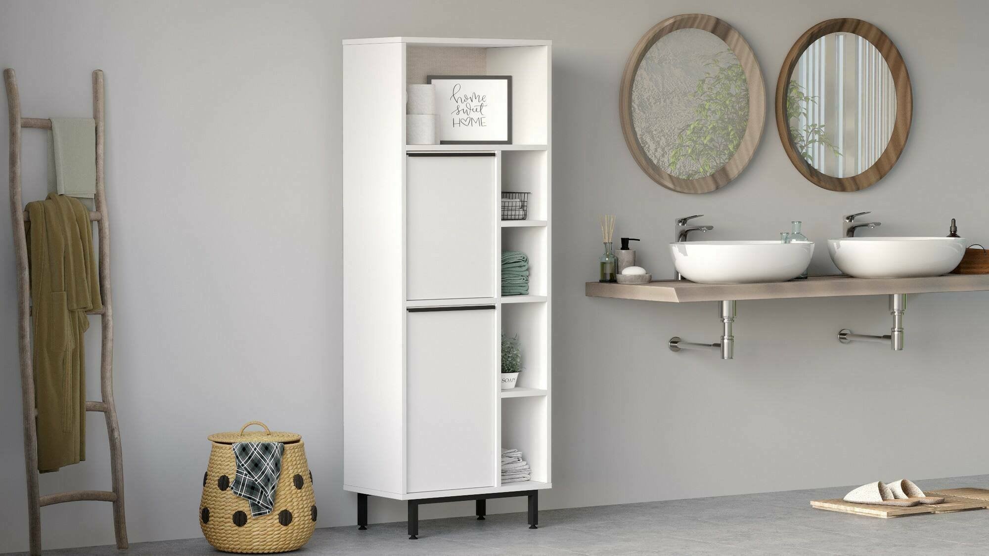 Mobile colonna Merbok, Pensile bagno o cucina, Armadio alto multifunzione, Mobiletto multiuso, 160x36 h45 cm, Bianco
