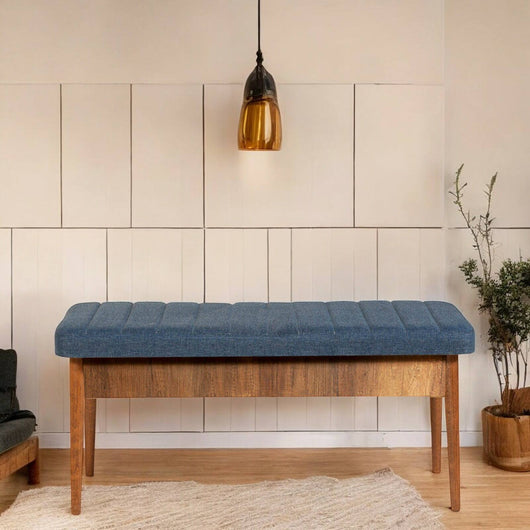 Panca Barthelemy, Panchina multiuso, Seduta per ospiti, Cassapanca multifunzione, 110x40 h48 cm, Noce e Blu