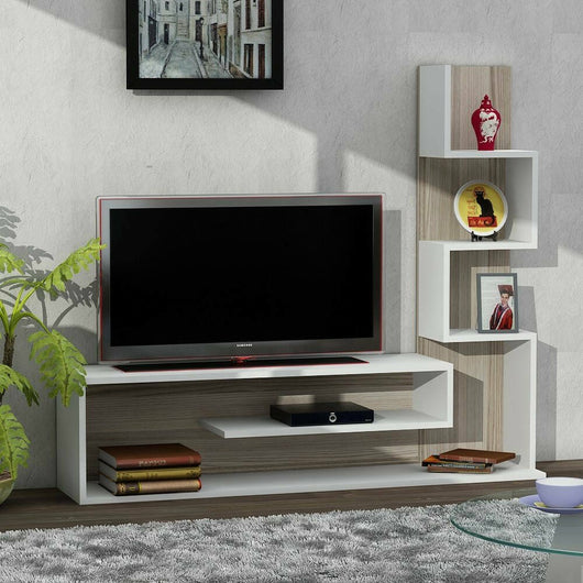 Parete attrezzata Armeno, Composizione soggiorno, Mobile salotto multiuso, Armadio porta TV, 30x22 h121 cm, Bianco e Rosso
