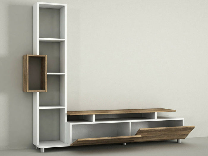 Parete attrezzata Biskek, Composizione soggiorno, Mobile salotto multiuso, Armadio porta TV, 160x30 h167 cm, Bianco e Noce