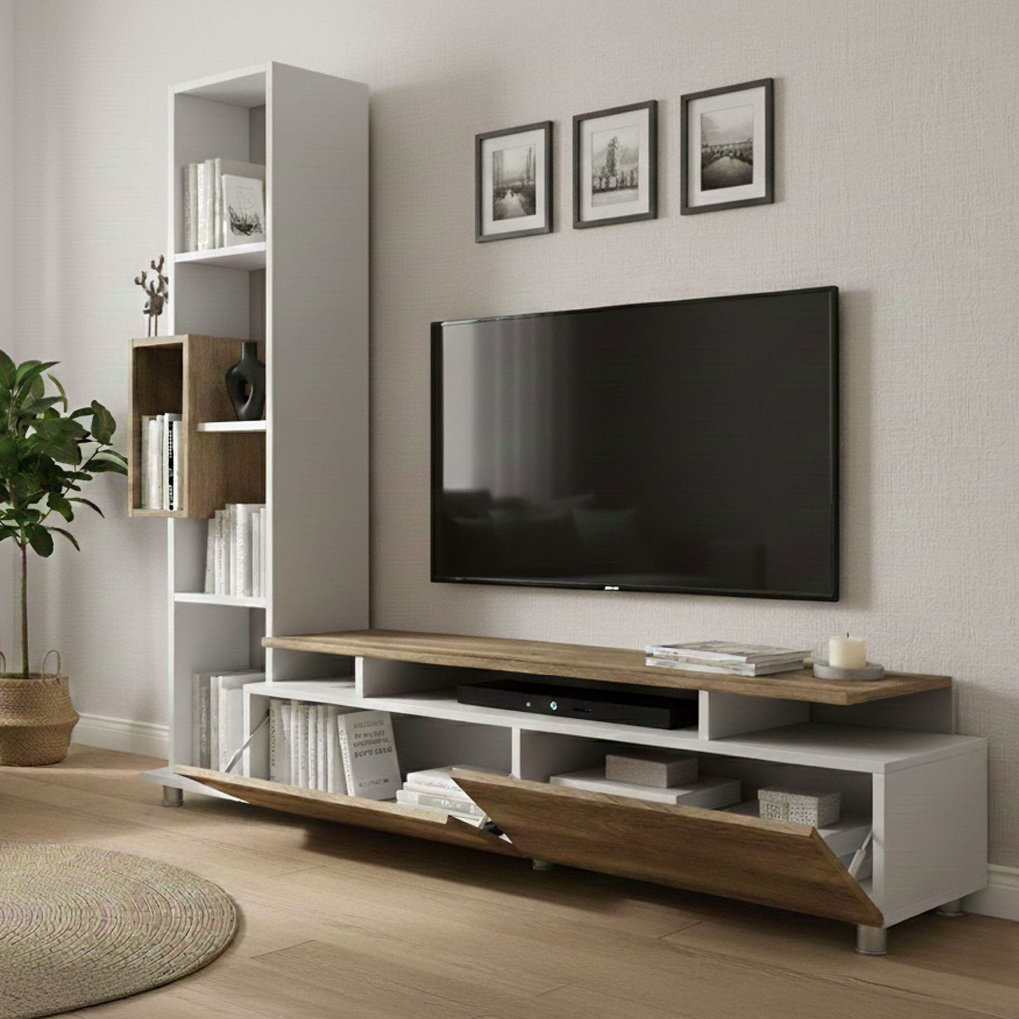 Parete attrezzata Biskek, Composizione soggiorno, Mobile salotto multiuso, Armadio porta TV, 160x30 h167 cm, Bianco e Noce